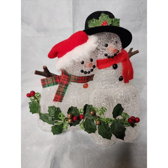 Vintage Light Up Snowman Couple Christmas Holiday Decor Santa Hat Mistletoe - Picture 4 of 9